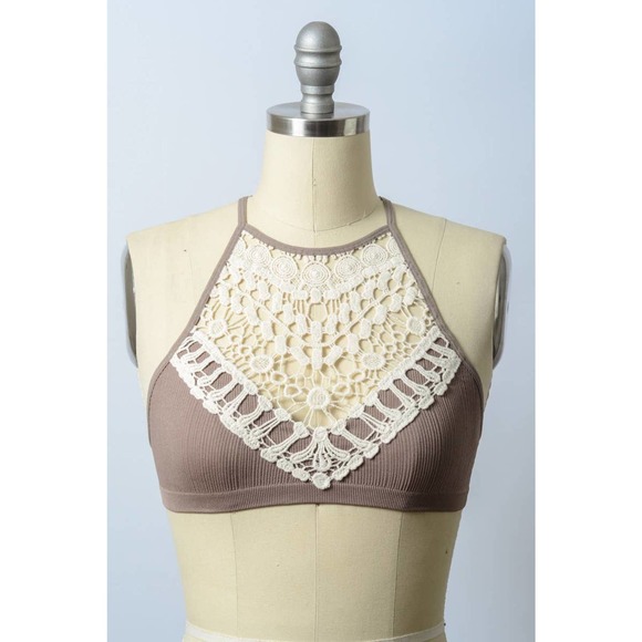 Leto Accessories Other - Mocha White Crochet Lace High Neck Bralette